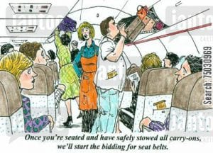 'Once you're seated and have safely stowed all carry-ons, we'll start the bidding for seat belts.'